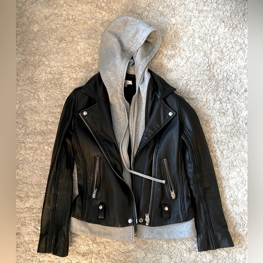 Leather IRO motor jacket with removable hoodie.